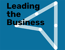 Arrow shape on a blue background representing the Leadership for Growth program, with the words leading the business next to it