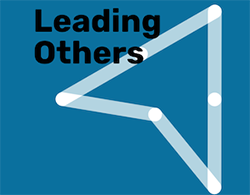 Arrow shape on a blue background representing the Leadership for Growth program, with the words leading others next to it