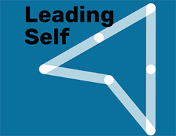 Arrow shape on a blue background representing the Leadership for Growth program, with the words leading self next to it