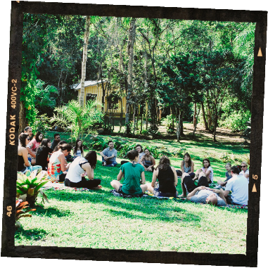 Polaroid picture of group of young adults sitting in the grass